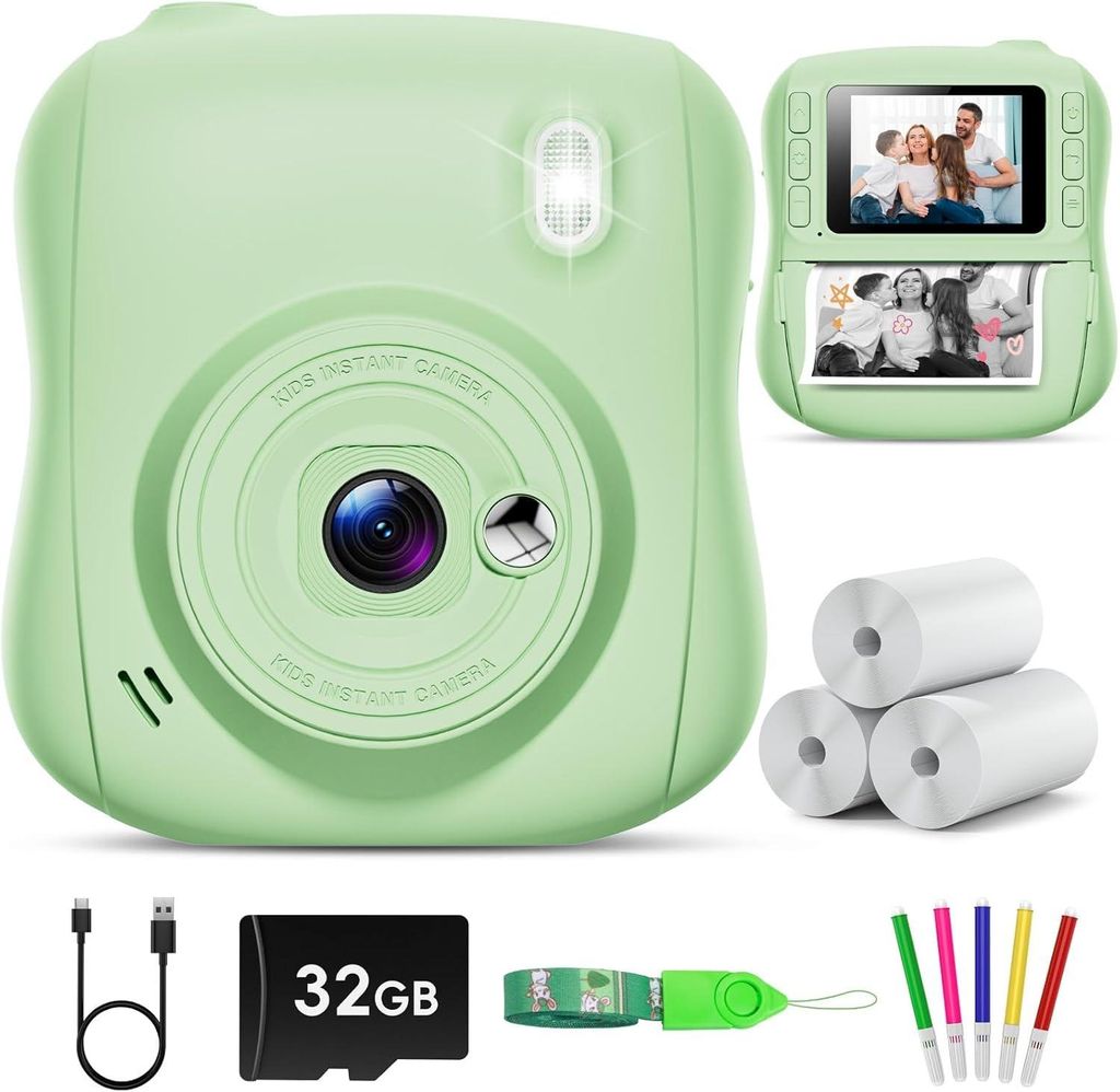 Kinderkamera Sofortbildkamera,14MP mit 32G Karte & Druckpapier,1080P Kamera Kinder Sofortdruck mit Farbige Stifte,Geschenk für 3-12 Jungen und Mä...