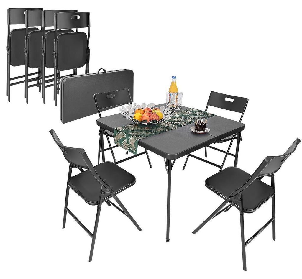 Touristisch karering gedeckter Tisch und 4 Klappstühle 86,5x86,5x71CM Schwarz