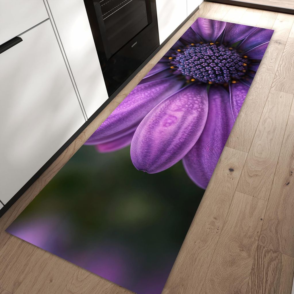 Küchenteppich 60x90cm rutschfest & abwischbar PVC Läufer - Lila Blütenwunder