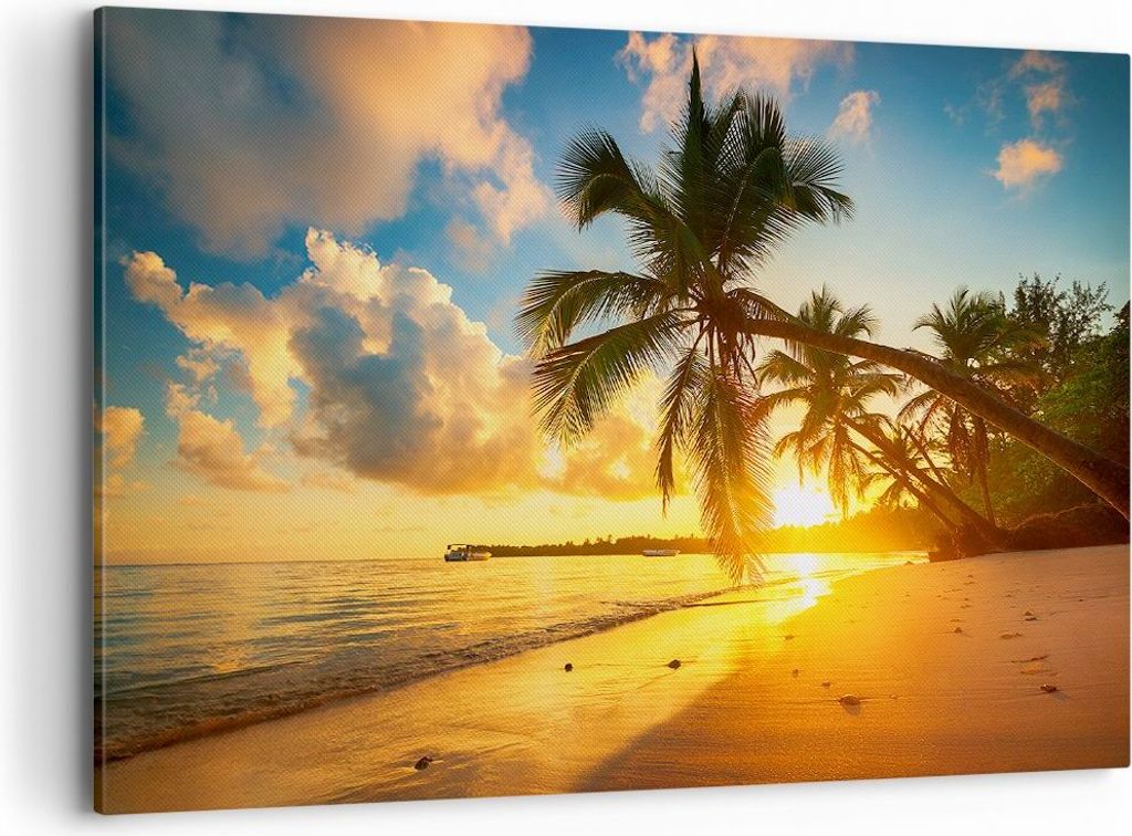 Bild auf Leinwand - Leinwandbild - Meer Strand Palme - 100x70cm - Wand Bild - Wanddeko - Wandbilder - Leinwanddruck - Bilder - Kunstdruck - Wanddek...