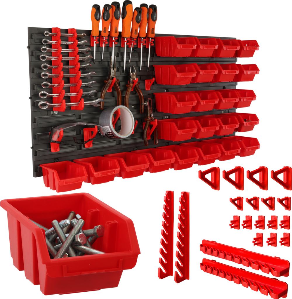 botle Werkzeugwand Lochwand aus Kunststoff, Stapelboxen + Wandregal + Werkzeughalter 46-teiliges Set, Kleinteilelager 77 x 39 cm, Wandwerkstatt m...
