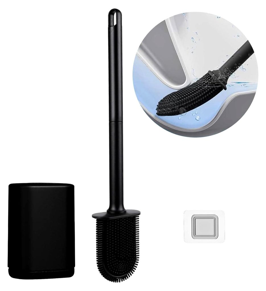 Toilettenbürste aus Silikon (schwarz-weiß) mit elastischen Borsten und schnelltrocknendem Halter für Wand- und Standmontage