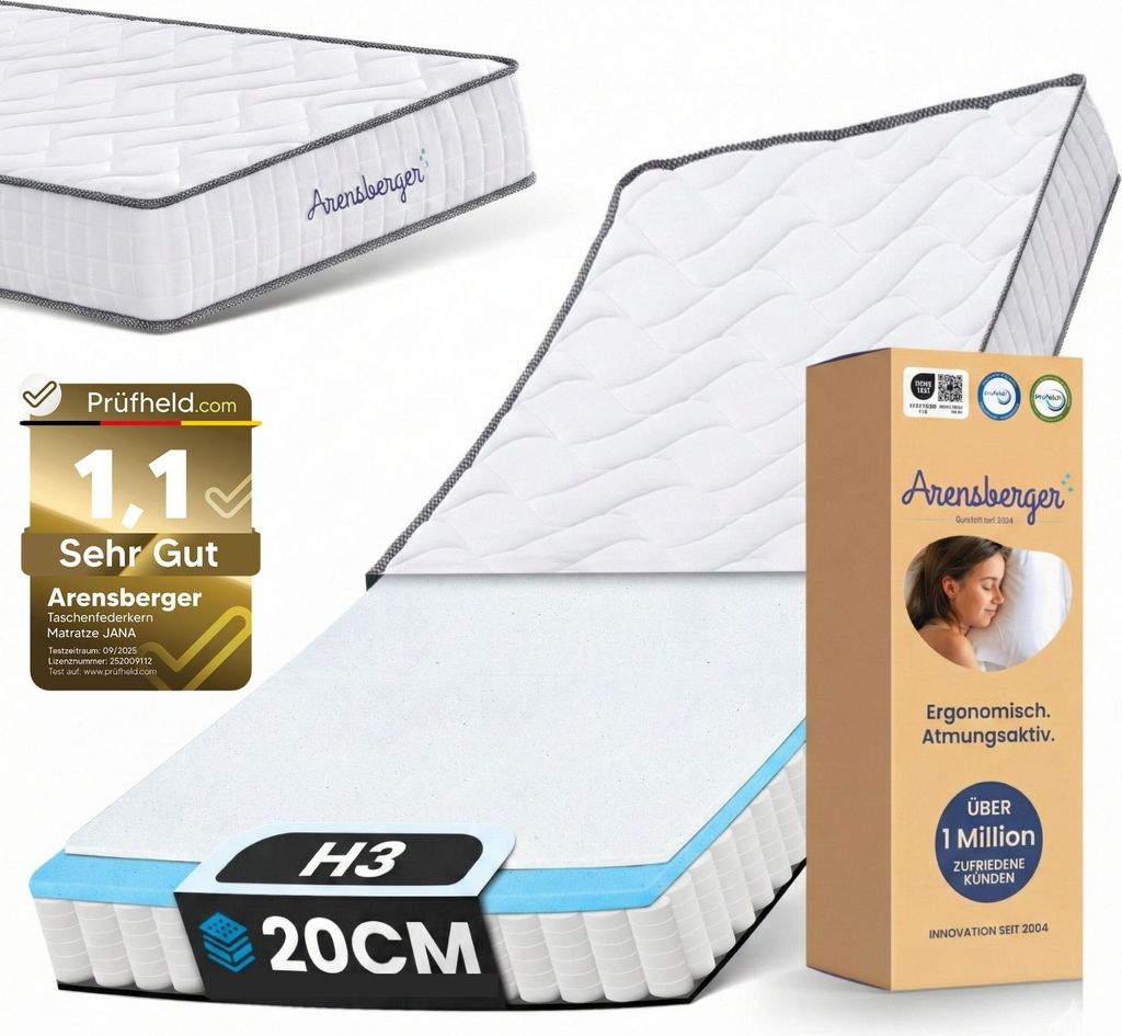 Arensberger JANA Federkernmatratze - 20cm Höhe - Matratze mit Schaumstoff + Gelschaum Schicht - H3 Mittelfest – 7 Zonen - Federkern - Liegekomfo...