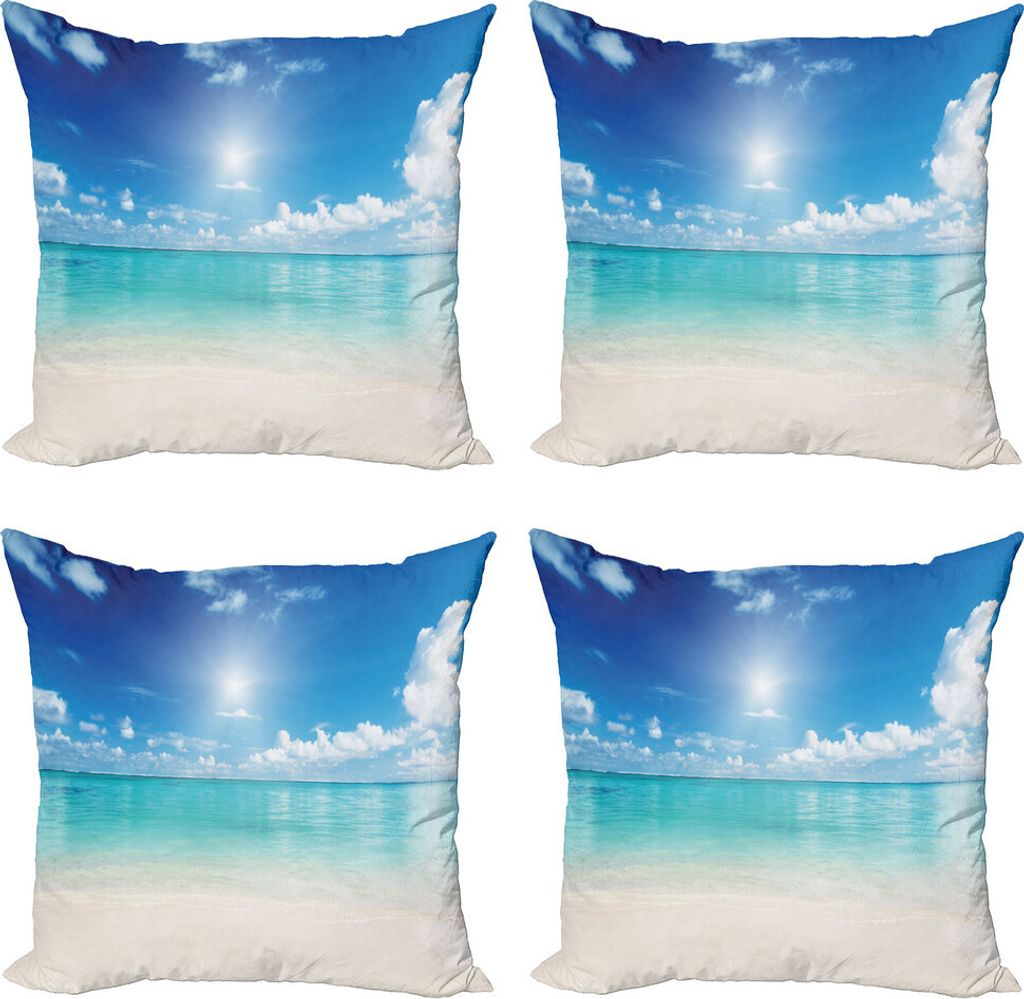 ABAKUHAUS Ozean Kissenbezug Set (4 Stück), Himmel und tropisches Meer, Moderner Doppelseitiger Digitaldruck, 45 cm x 45 cm, Creme Türkis Weiß