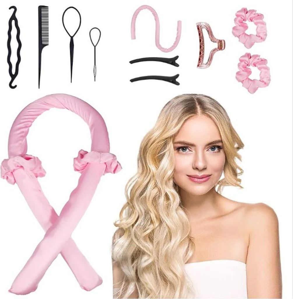 INF Mühelose Wellen: 10-teiliges hitzefreies Haar Lockenwickler Set Rosa