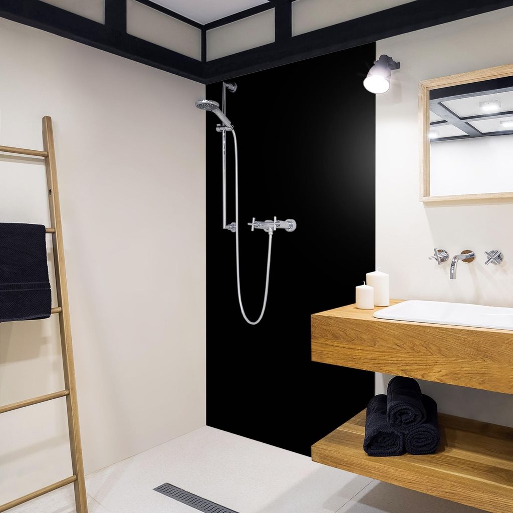 Duschrückwand mit Motiv selbstklebend - 0.61 mm Wandpaneel wasserfest Design schwarz Unifarben Badrückwand fugenlos Premium matt 80x200 cm
