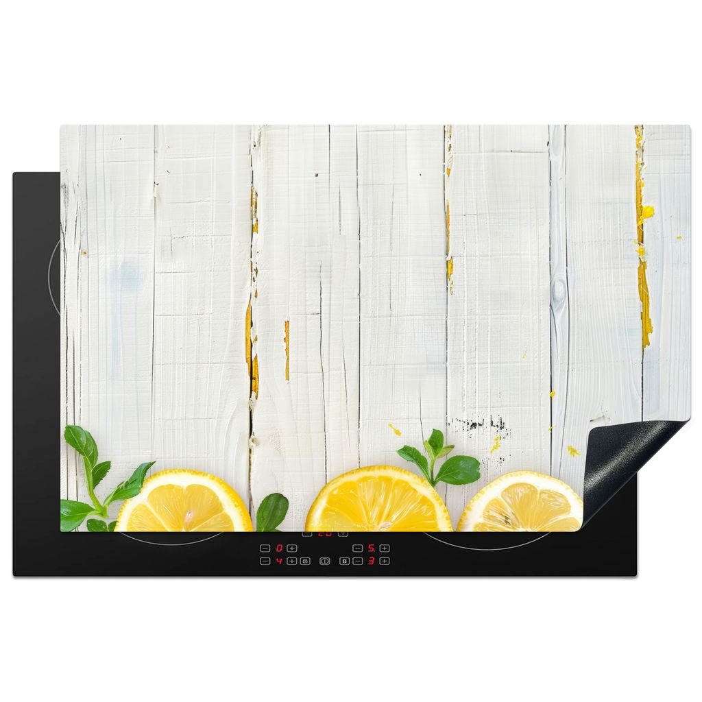 KitchenYeah Herdabdeckplatte Weiß - Holz - Zitrone - Gelb , 81x52cm, Küche Deko, Glaskeramikkochfeld Herdabdeckung, Abdeckplatte fùr Kochfeld
