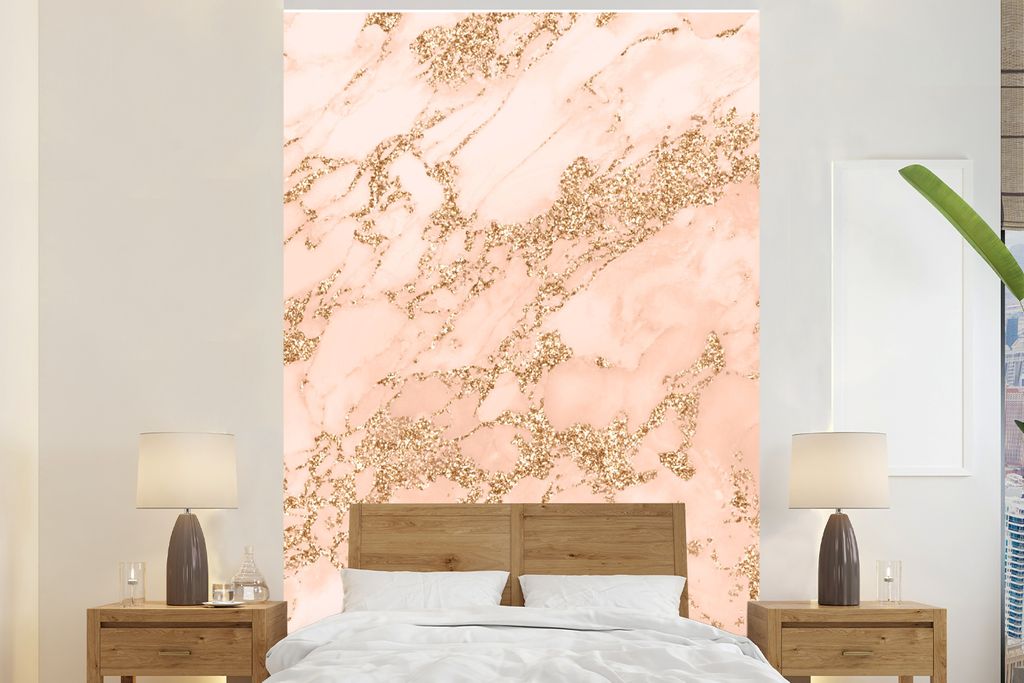 MuchoWow Fototapete für Wohnzimmer oder Schlafzimmer Wandtapete Vinyl Motivtapete Marmor - Rosa - Gold - 170x260 cm - Wohnzimmertapete