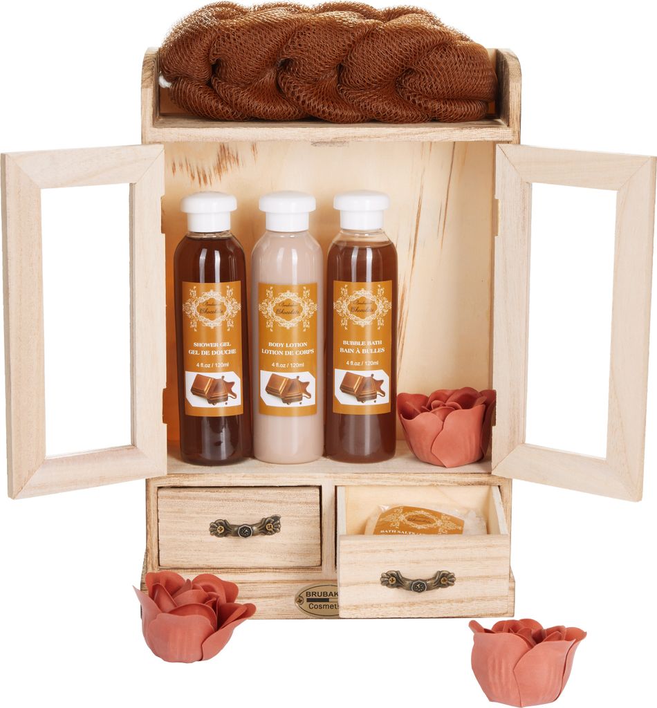 BRUBAKER Cosmetics Bade- und Pflegeset im Holzschrank - Wellness Badeset für Frauen - Damen Geschenkset mit Holz Dekoration, Schokoladen Duft
