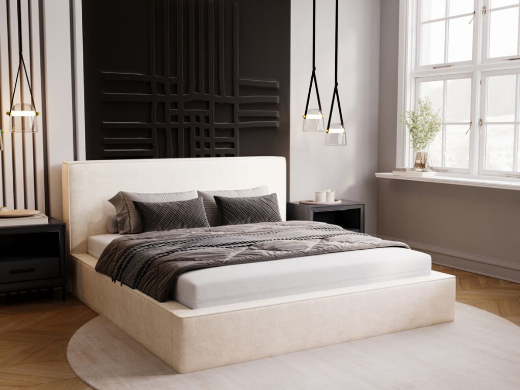 GRAINGOLD Polsterbett 200x200 Monaco - Doppelbett mit Bettkasten, Samtstoff & Lattenrost - Schöne Schlafzimmerbett - Creme (Komodo 7370)