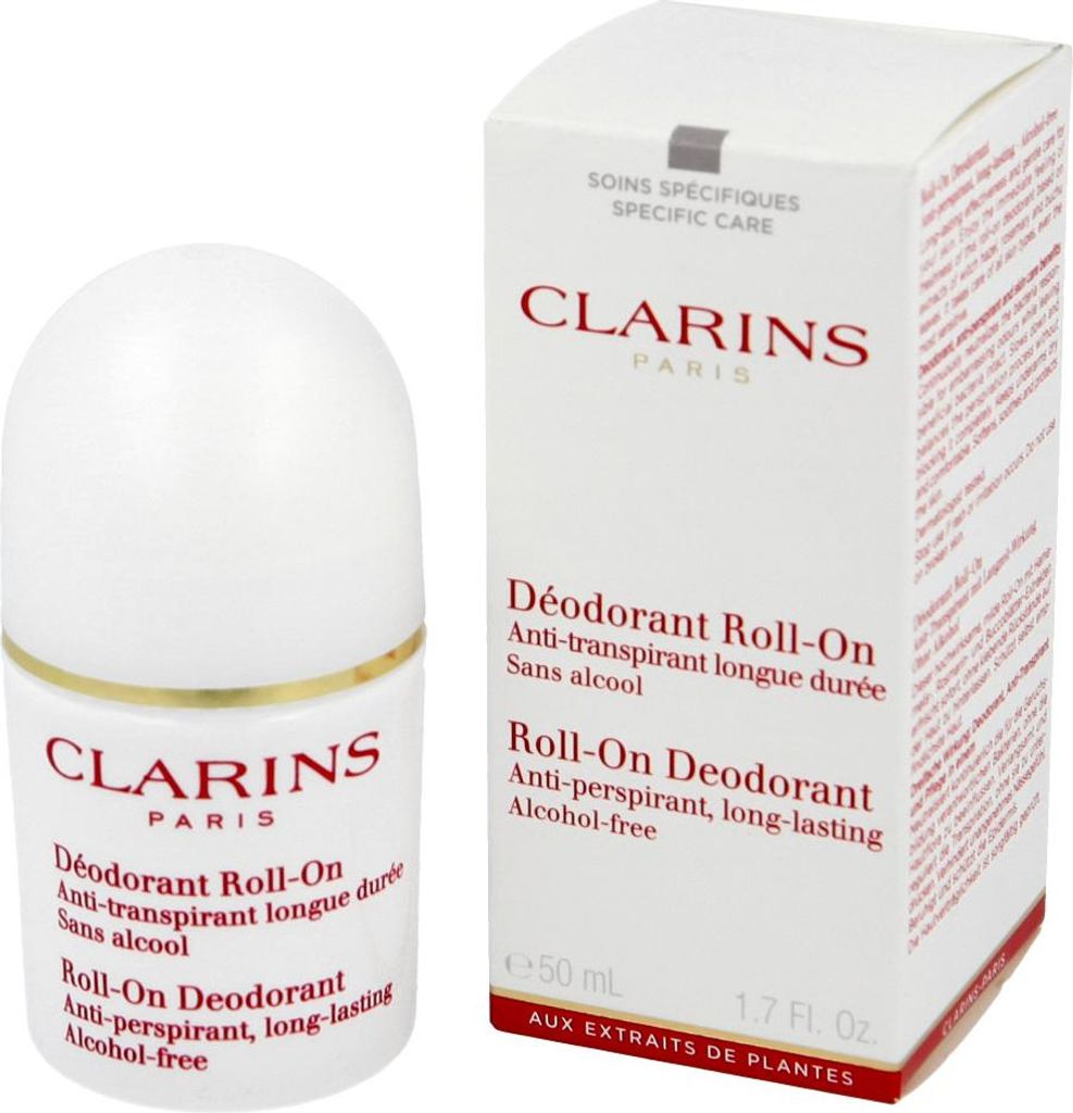 A product shot of a Clarins Roll-On Deodorant and its packaging.