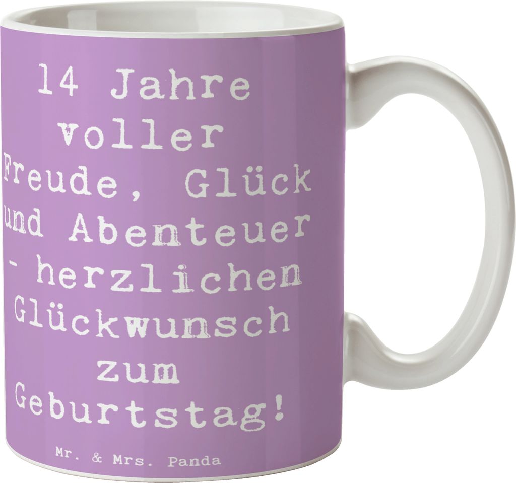 Mr. & Mrs. Panda Kaffeetasse Spruch 14. Geburtstag Freude - Lavendeltraum - Geschenk, Geburtstagsfeier, Geburtstagsgeschenk, Tasse mit, bedruckt, w...