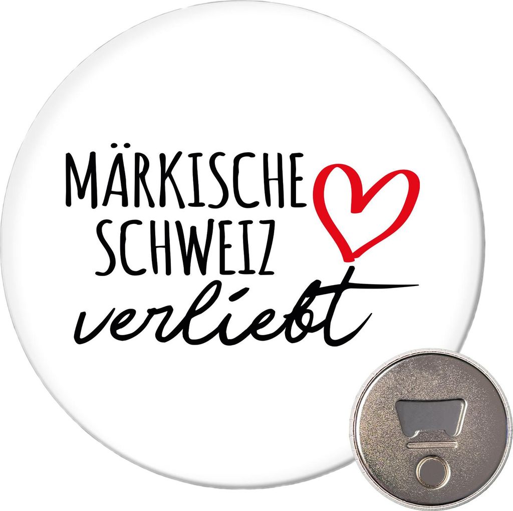 Huuraa Magnet Märkische Schweiz verliebt 59mm Kühlschrankmagnet rund Flaschenöffner Geschenkidee