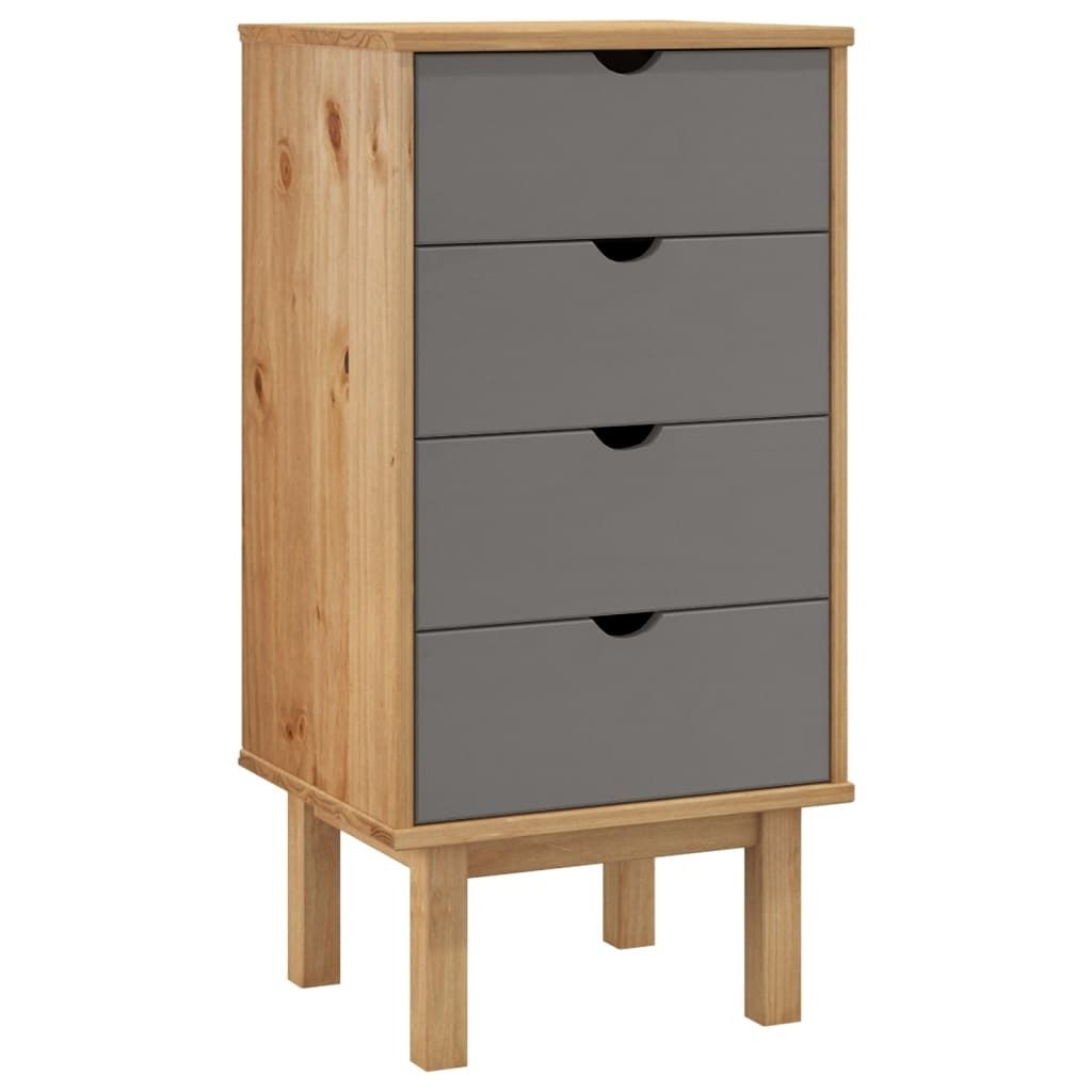 A chest of drawers with a wooden frame and gray drawers, standing on four legs.