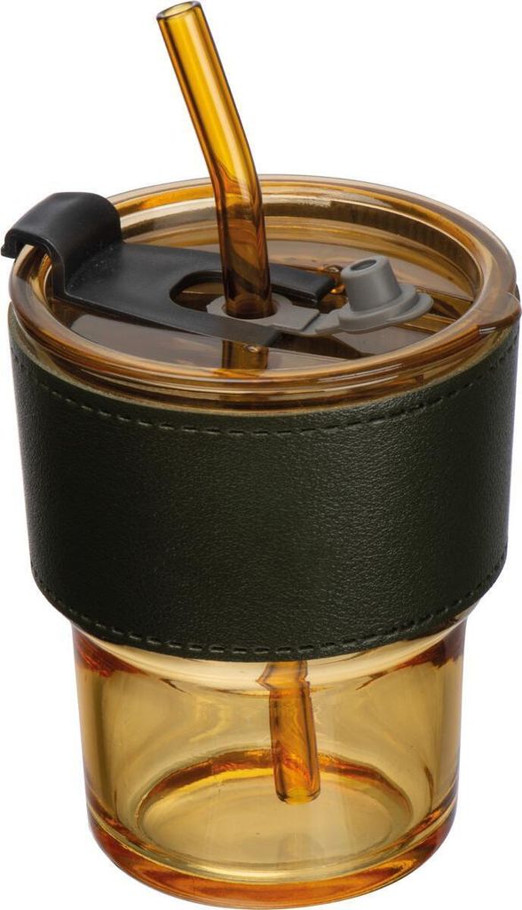 Farbiges Trinkglas mit Glasstrohhalm / Trinkbecher / Farbe; gelb