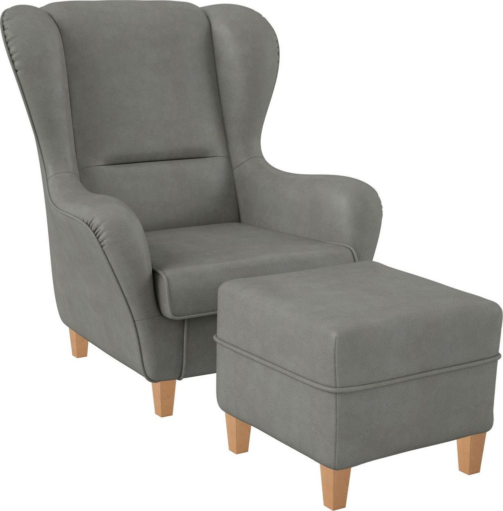 Supellex Sofia Ohrensessel mit Hocker | Design Kunstleder Milano Grau