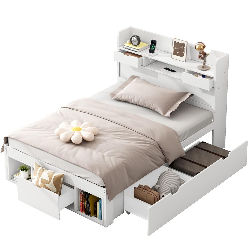 Einzelbett, 90*200cm, Mit USB-port & Schubladen & Stauschrank, Kinderbett, Jugendbett, Multifunktionales Bett, Großer Stauraum, ohne Matratze