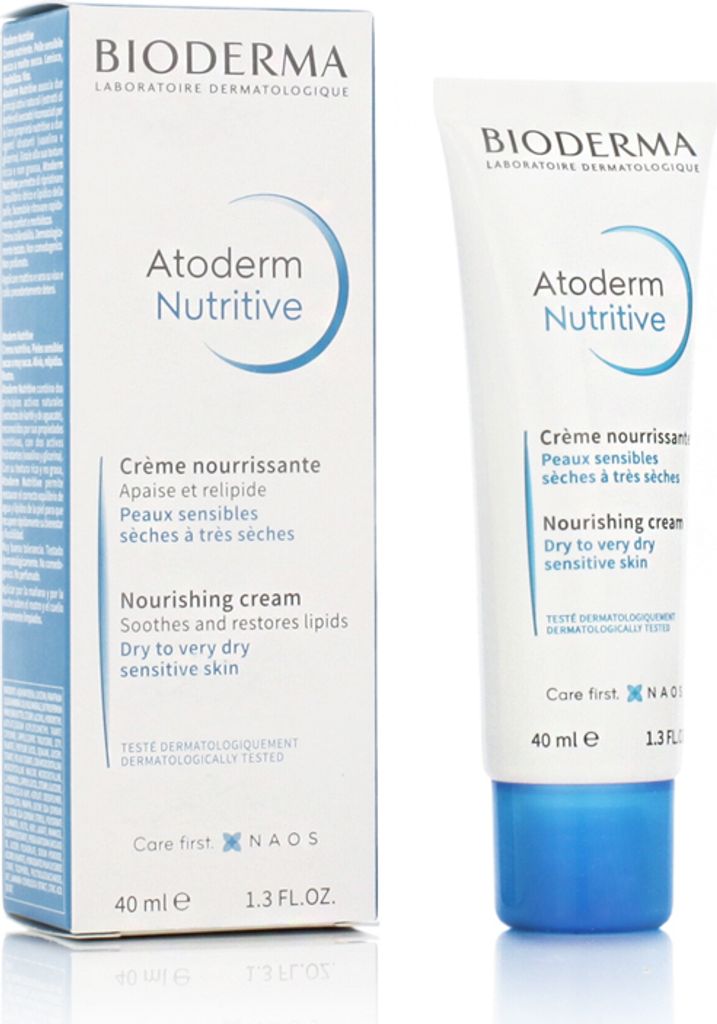 A box and a tube of Bioderma Atoderm Nutritive cream are displayed side-by-side against a white background.
