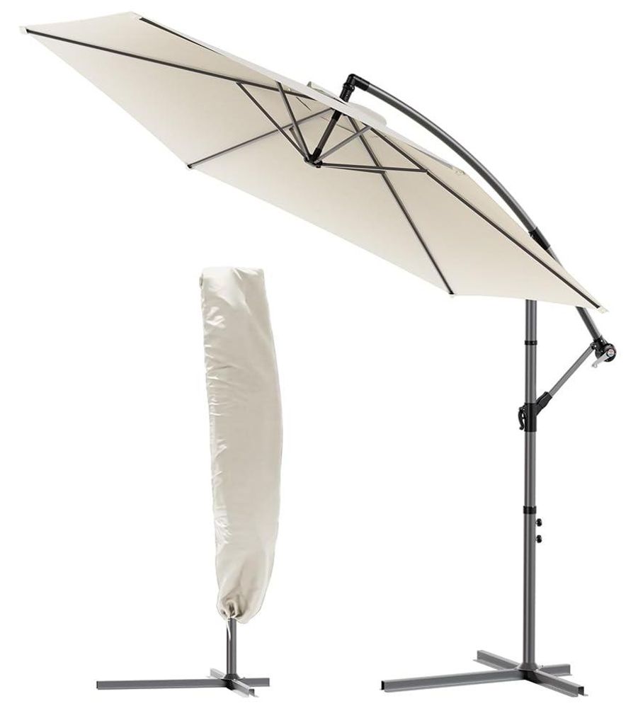 Freiarm-Sonnenschirm 300 cm, Sonnenschutz mit Ständer, Kurbel, Windschutz und Schutzhülle, 360° drehbar und neigbar, robuster Gartenschirm für ...
