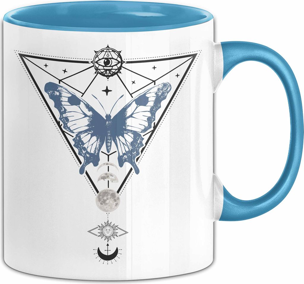 Mystical Tasse Blackcraft Lineart Moon Schmetterling Hexerei Astrologie Tattoo Kaffee-Becher Tarot (Blau)