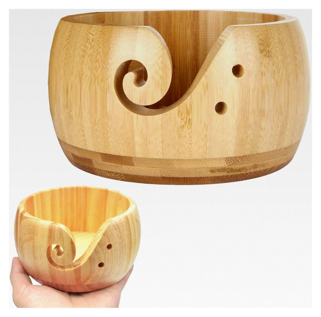 Holzstrickschüssel, Garnaufbewahrungsschale, 15 x 8 cm, handgefertigte Holzgarnschale mit geschnitzten Löchern