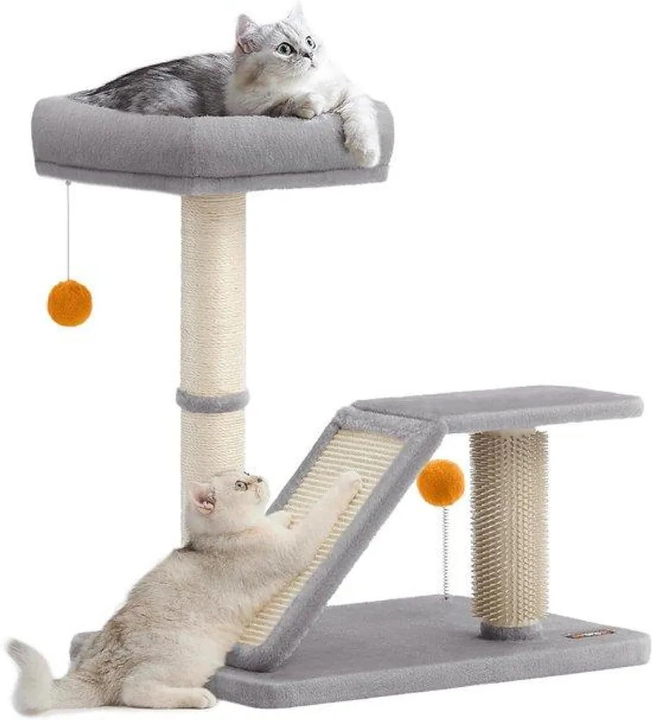 Arbre à chat gris clair 60 cm avec rampe pivotante et boules en peluche
