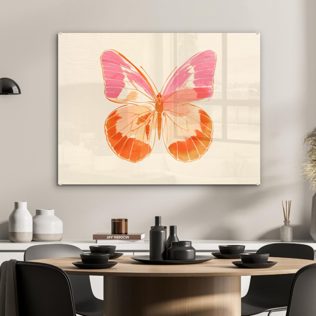 MuchoWow Glasbilder - Bilder auf Wandbild - Foto auf Glas Orange - Schmetterling - Minimalistisch 80x60 cm Wanddekoration aus Glas - Acrylglasbild ...