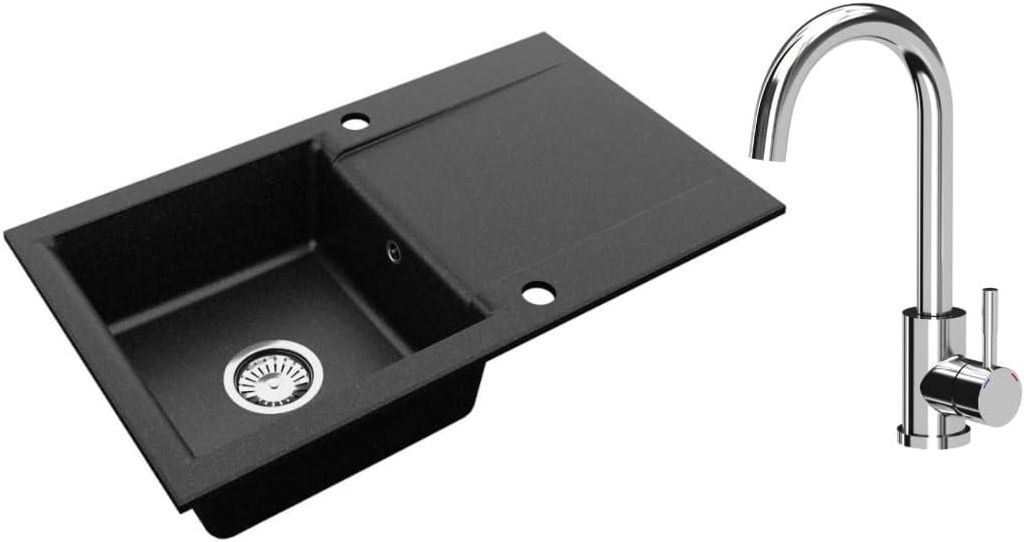 VBChome Granitspüle 76 x 44 cm Schwarz mit Armatur Einzelbecken Einbauspüle Reversibel Gesprenkelt Pflegeleichtes Spülbecken mit Siphon