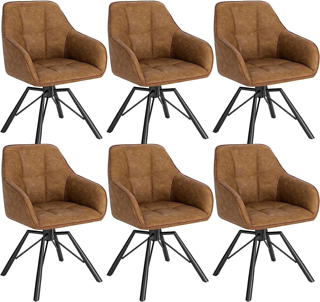 A set of six brown dining chairs with black legs are arranged in two rows of three.