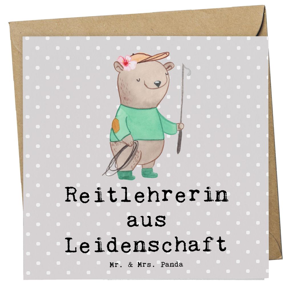 Mr. & Mrs. Panda Glückwunschkarte Reitlehrerin Leidenschaft - Grau Pastell - Geschenk, faltkarte, Grußkarte, doppelkarte, Klappkarte, anlasskarte