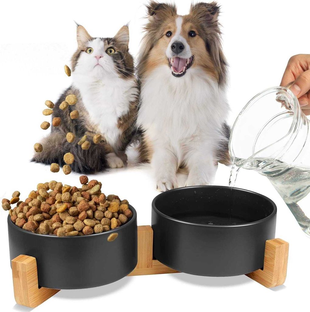MERSJO Keramik Doppelschale Holz, Fressnapf Hund und Katze, Bowl Schüssel mit 2 Keramiknäpfen auf Stabilem Naturholzsockel, 2x400 ml, Schwarz