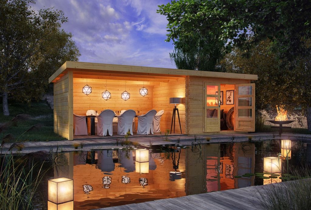 Gartenhaus Blockbohlenhaus Gerätehaus Bastrup 5 im Set mit Anbaudach 4 m breit, 28 mm Seiten - und Rückwand naturbelassen 679x297x220 cm