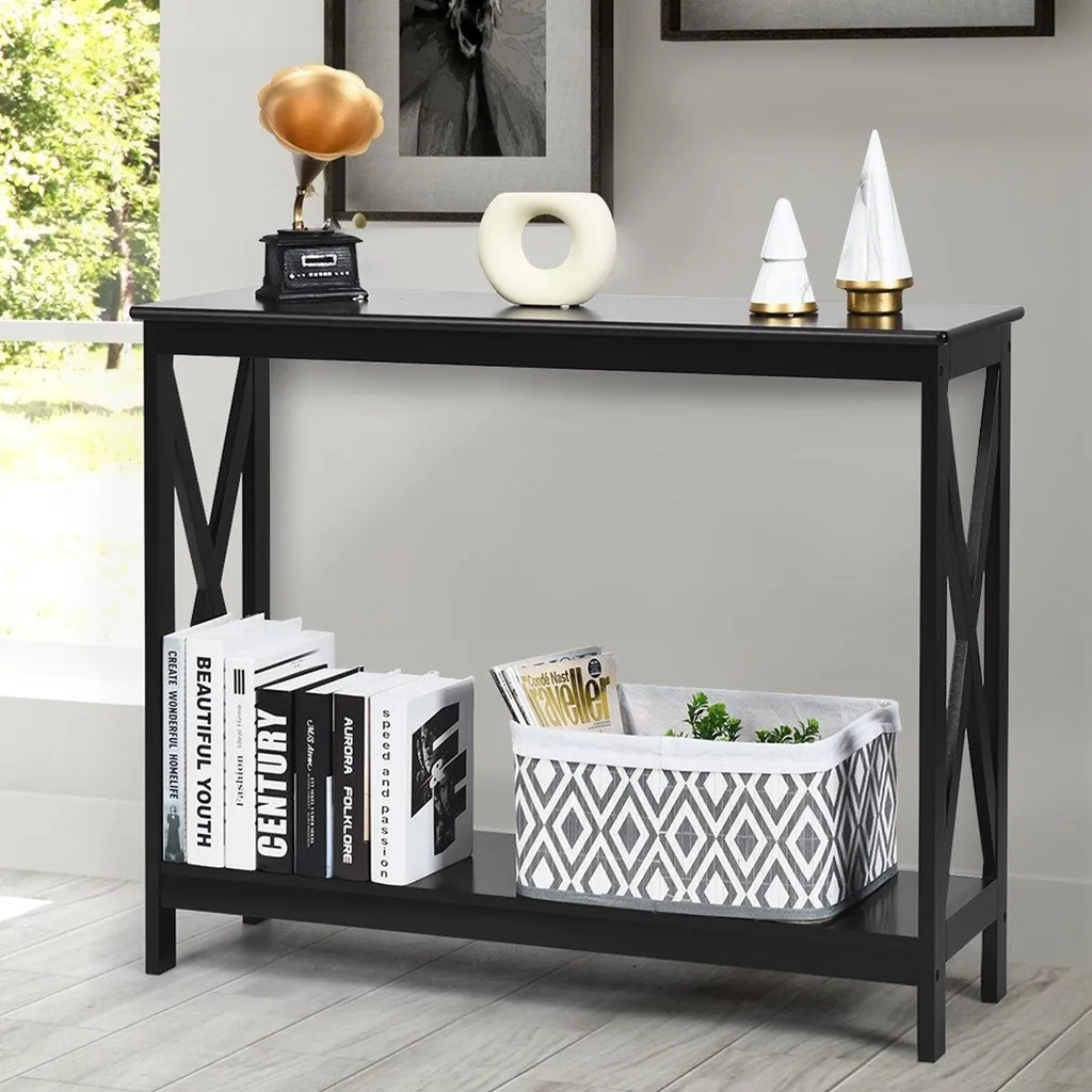Console d'entrée pour rangement déco, 2 étagères noires 100x30 cm