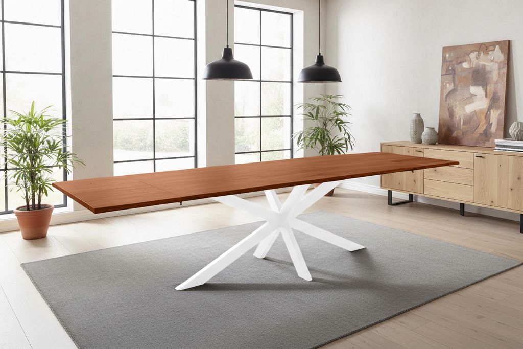 Esstisch Baumkante Akazie nuss 220(320)x100 Ansteckplatten Spider-Gestell weiß AVINO