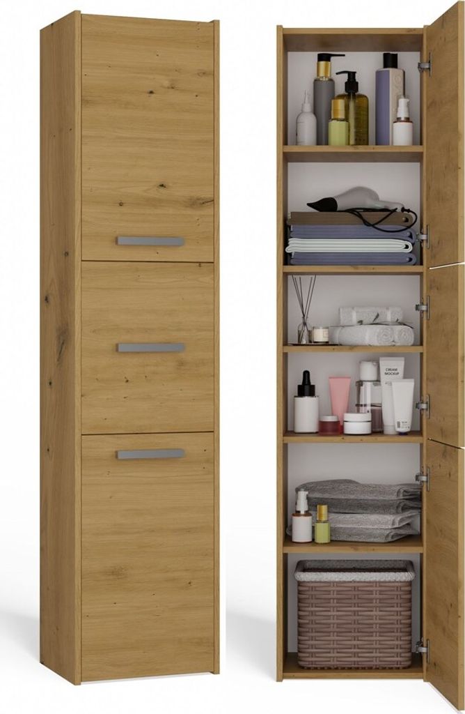 Schmaler Schrank für das Badezimmer MARGO – Eiche Artisan Produktbild 2