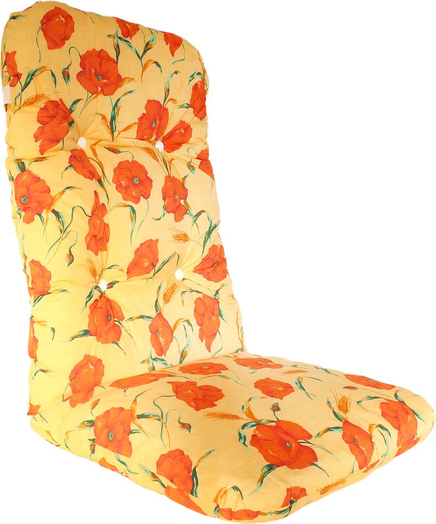 A close-up studio shot of a chair cushion with a floral pattern.