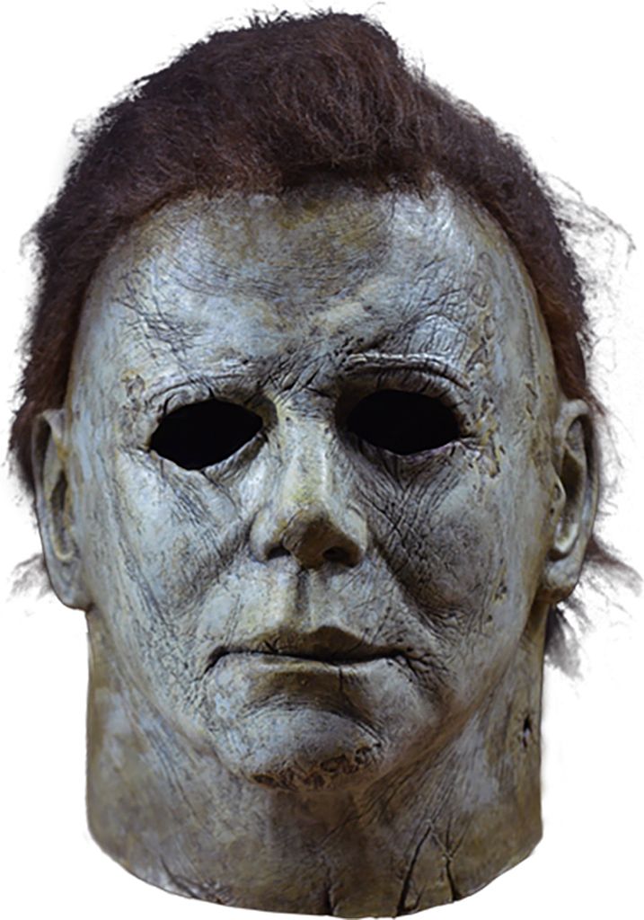A close-up of a Michael Myers mask against a white background.