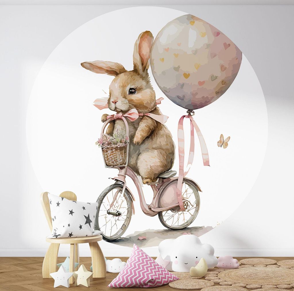 Runde Tapete / Kreis Kinder – Lumaléa – Kaninchen auf dem Fahrrad – Standardpapier 170 g, abwaschbar – Durchmesser 130 cm