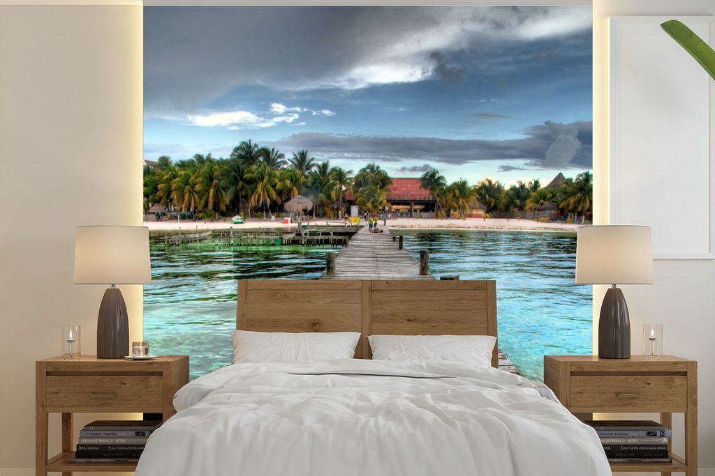 MuchoWow Fototapete für Wohnzimmer oder Schlafzimmer Wandtapete Vinyl Motivtapete Blick auf die Seebrücke am Strand von Isla Mujeres, Mexiko - ...