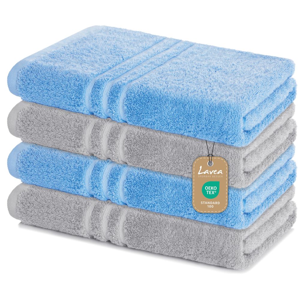 Lavea 4er Set Duschtuch 70x140, 4 Stück, 100% Baumwolle Frottee, saugstark, weich und strapazierfähig, waschbar 60°C, trocknergeeignet, Handtu...