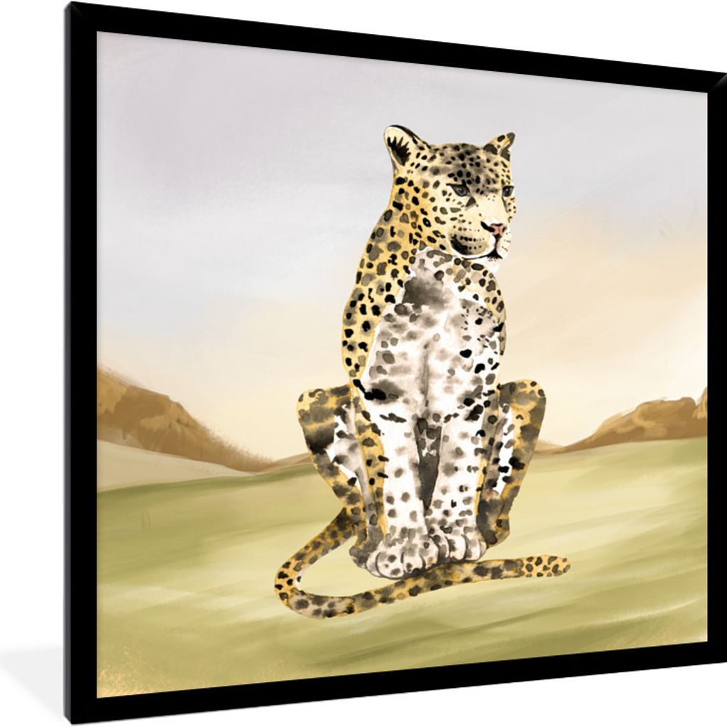 MuchoWow Gerahmtes Poster Leopard - Dschungel - Gras 40x40 cm - Poster mit Schwarzem Bilderrahmen Wandposter Rahmen Foto Bilder - Mit Rahmen - Wa...