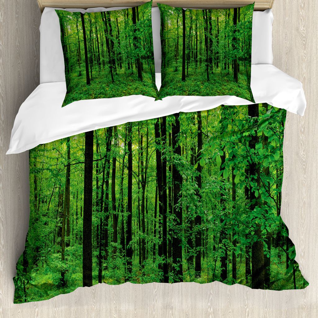 ABAKUHAUS Natur Bettbezug, Frühlings-Wald Bush Rural, Milbensicher Allergiker geeignet mit Kissenbezügen, 200 cm x 200 cm - 80 x 80 cm, Grün