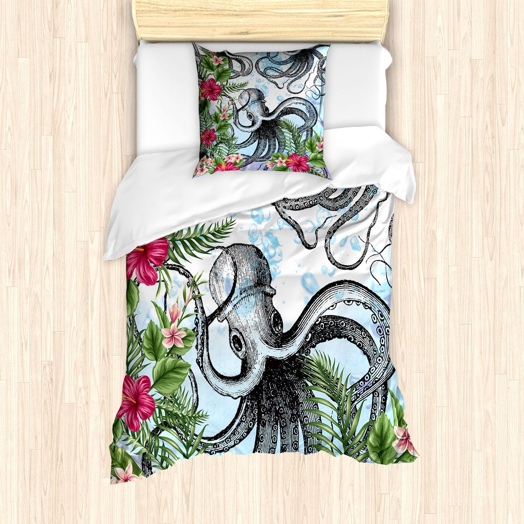 ABAKUHAUS Exotisch Bettbezug Set für Einzelbetten, Tropic Hibiscus und Octopus, Milbensicher Allergiker geeignet mit Kissenbezug, 135 cm x 200 cm ...