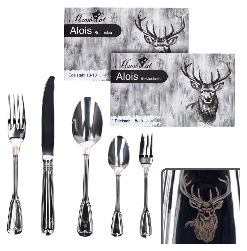 A set of cutlery and packaging for a cutlery set, featuring a stag motif.