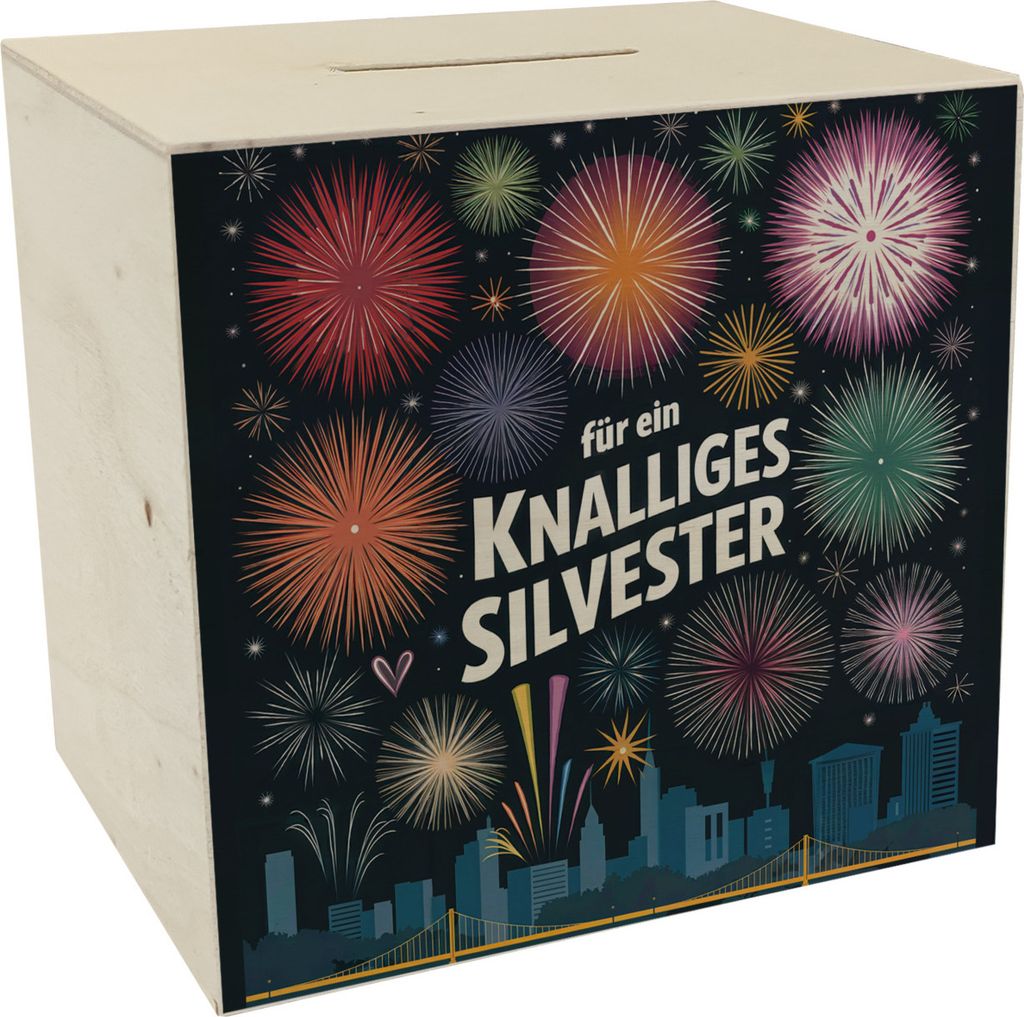 Feuerwerke Silvester Spardose aus Holz - Knalliges Silvester