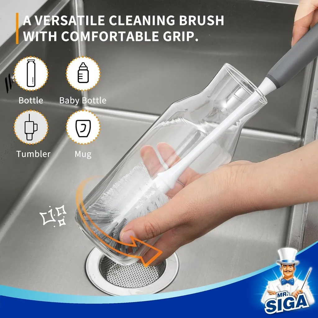MR.SIGA Pack de 2 Brosses à Bouteilles à Long Manche Flexible Gris - 5