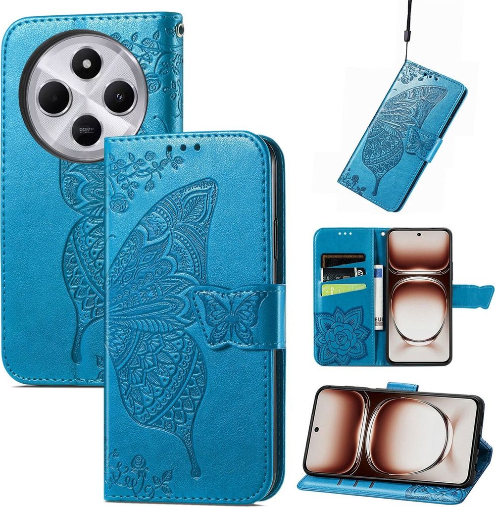 Für Xiaomi Redmi 14C Kunstleder Wallet Handy Tasche Schmetterling Design Hülle Etuis Blau