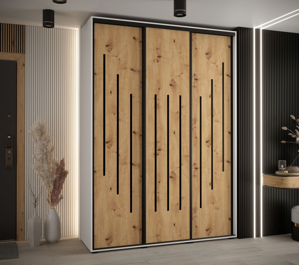 Kleiderschrank ASIRI 8 – 180/45 cm, weiß/Eiche handwerklich/schwarz