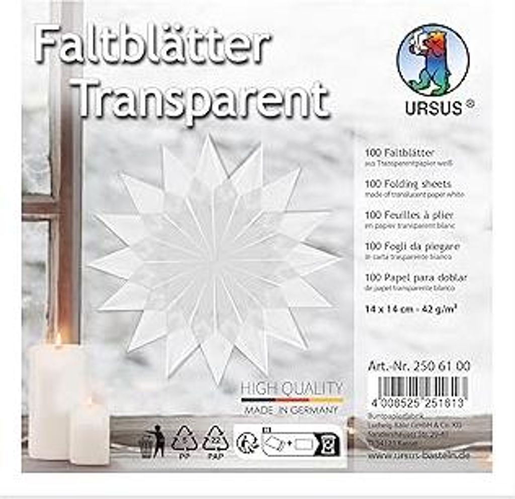 Ursus 2506100 - Faltblätter aus weißem Transparentpapier, ca. 14 x 14 cm, 42 g/m², 100 Blatt, zum Falten von transparent schimmernden Figuren, d...