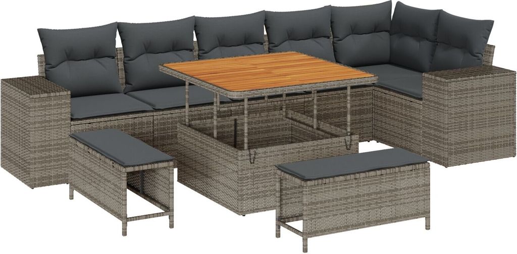 Möbel-Stil 9-teiliges Garten-Sofa-Set mit Kissen graues Poly-Rattan, 3-teiliges Garten-Essset mit Kissen graues Poly-Rattan - Gartensofas "2025"40...